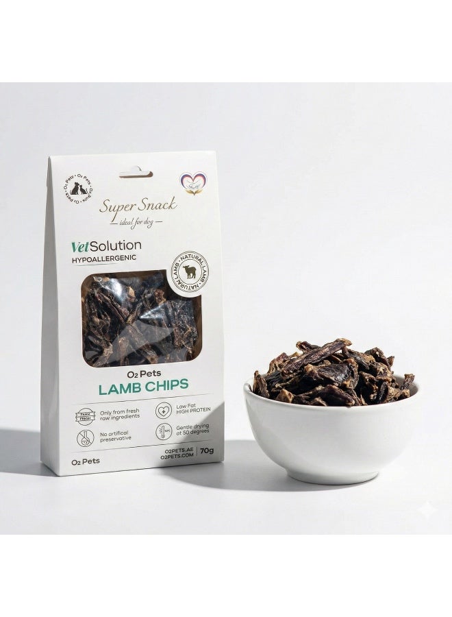 O2Pets Dog and Puppy Lamb Chips Hypoallergenic Treats – 100% Lamb Single Ingredient Snack – Healthy Support for Sensitive Digestion, Food Sensitivities & Skin Care, Low Fat Dog Treat 70g - Image 1